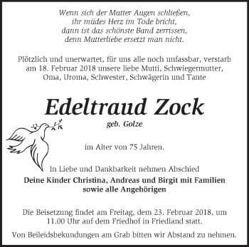 Traueranzeige von Edeltraud Zock von Märkische Oderzeitung