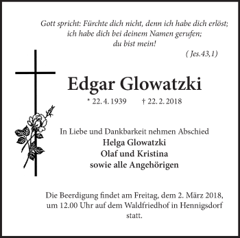 Traueranzeige von Edgar Glowatzki von Märkische Oderzeitung