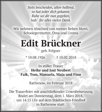 Traueranzeige von Edit Brückner von Märkische Oderzeitung