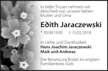 Traueranzeige von Edith Jaraczewski von Märkische Oderzeitung