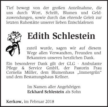 Traueranzeige von Edith Schlestein von Märkische Oderzeitung