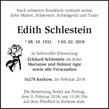 Traueranzeige von Edith Schlestein von Märkische Oderzeitung