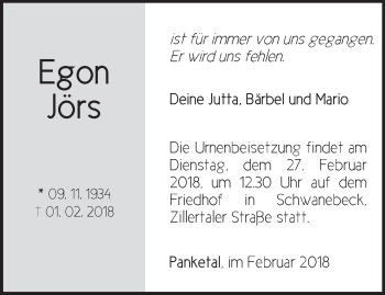 Traueranzeige von Egon Jörs von Märkische Oderzeitung