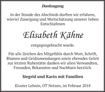 Traueranzeige von Elisabeth Kähne von Märkische Oderzeitung