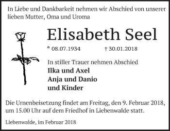 Traueranzeige von Elisabeth Seel von Märkische Oderzeitung