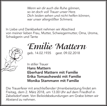 Traueranzeige von Emilie Matern von Märkische Oderzeitung