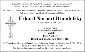 Traueranzeige von Erhard Norbert Brandofsky von Märkische Oderzeitung