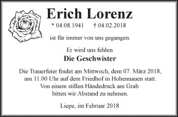 Traueranzeige von Erich Lorenz von Märkische Oderzeitung