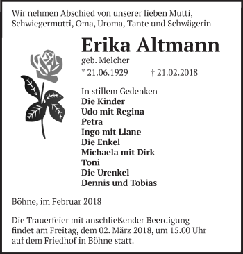 Traueranzeige von Erika Altmann von Märkische Oderzeitung