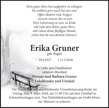 Traueranzeige von Erika Gruner von Märkische Oderzeitung