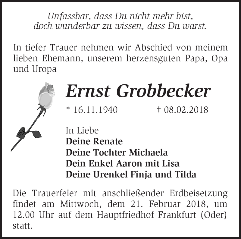  Traueranzeige für Ernst Grobbecker vom 13.02.2018 aus Märkische Oderzeitung