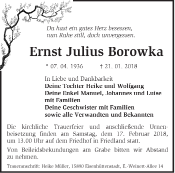 Traueranzeige von Ernst Julius Borowka von Märkische Oderzeitung