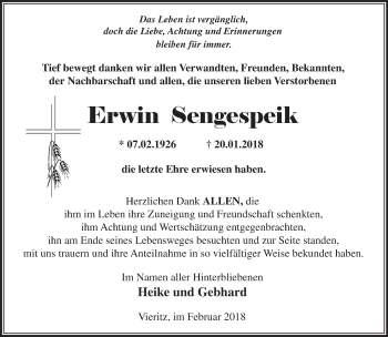 Traueranzeige von Erwin Sengespeik von Märkische Oderzeitung