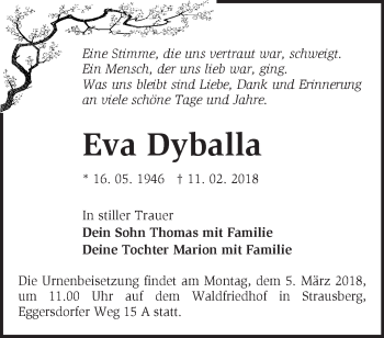 Traueranzeige von Eva Dyballa von Märkische Oderzeitung