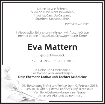 Traueranzeige von Eva Mattern von Märkische Oderzeitung