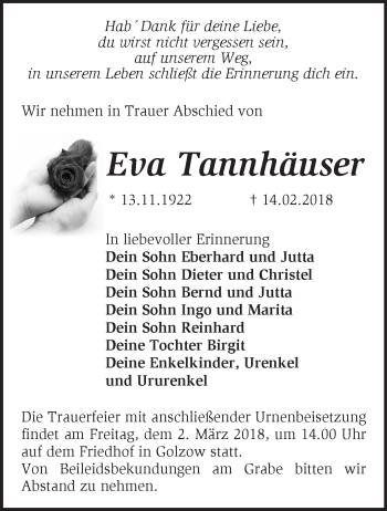Traueranzeige von Eva Tannhäuser von Märkische Oderzeitung