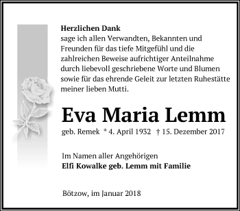 Traueranzeige von Eva Maria Lemm von Märkische Oderzeitung