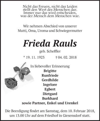 Traueranzeige von Frieda Rauls von Märkische Oderzeitung