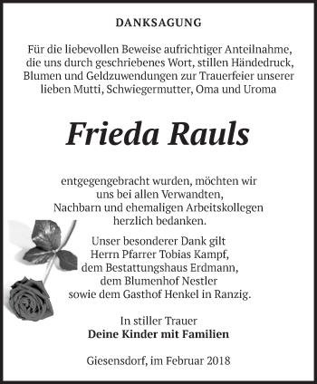 Traueranzeige von Frieda Rauls von Märkische Oderzeitung