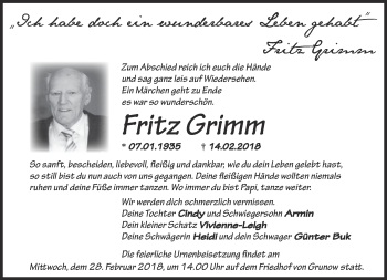 Traueranzeige von Fritz Grimm von Märkische Oderzeitung