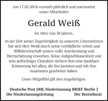 Traueranzeige von Gerald Weiß von Märkische Oderzeitung