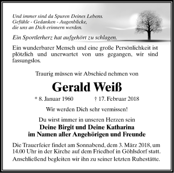 Traueranzeige von Gerald Weiß von Märkische Oderzeitung