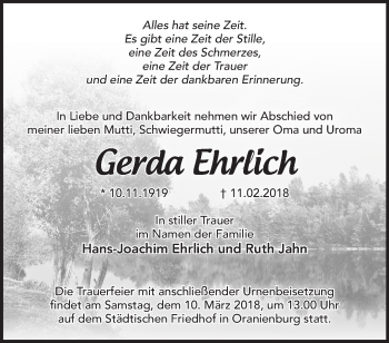 Traueranzeige von Gerda Ehrlich von Märkische Oderzeitung