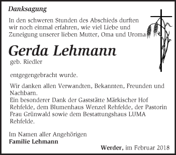 Traueranzeige von Gerda Lehmann von Märkische Oderzeitung