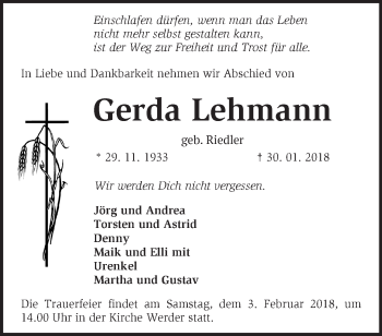 Traueranzeige von Gerda Lehmann von Märkische Oderzeitung