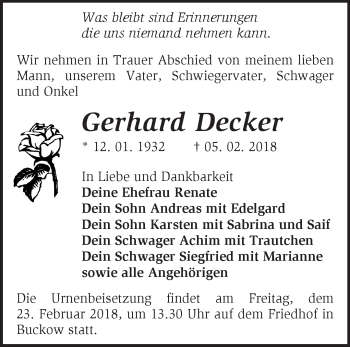 Traueranzeige von Gerhard Decker von Märkische Oderzeitung