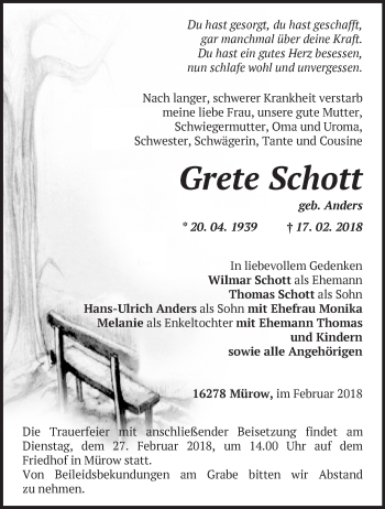 Traueranzeige von Grete Schott von Märkische Oderzeitung