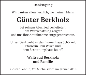 Traueranzeige von Günter Berkholz von Märkische Oderzeitung