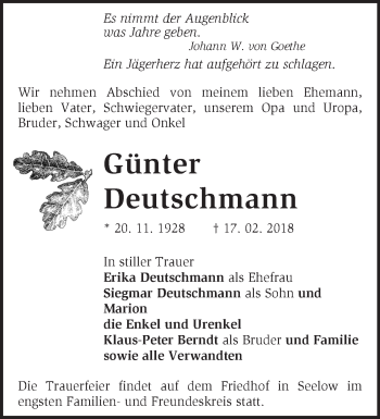 Traueranzeige von Günter Deutschmann von Märkische Oderzeitung