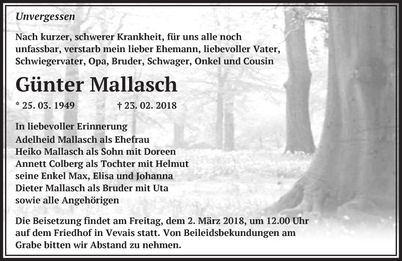  Traueranzeige für Günter Mallasch vom 28.02.2018 aus Märkische Oderzeitung