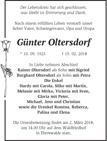 Traueranzeige von Günter Oltersdorf von Märkische Oderzeitung