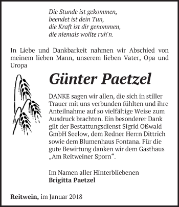 Traueranzeige von Günter Paetzel von Märkische Oderzeitung