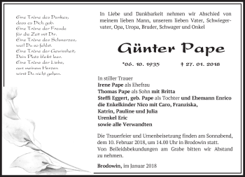 Traueranzeige von Günter Pape von Märkische Oderzeitung