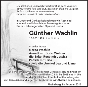 Traueranzeige von Günther Wachlin von Märkische Oderzeitung