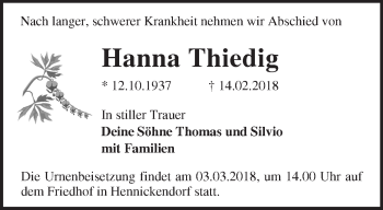 Traueranzeige von Hanna Thiedig von Märkische Oderzeitung