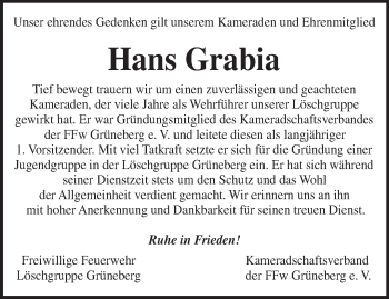 Traueranzeige von Hans Grabia von Märkische Oderzeitung