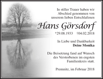 Traueranzeige von Hans Görsdorf von Märkische Oderzeitung