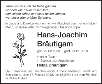 Traueranzeige von Hans-Joachim Bräutigam von Märkische Oderzeitung