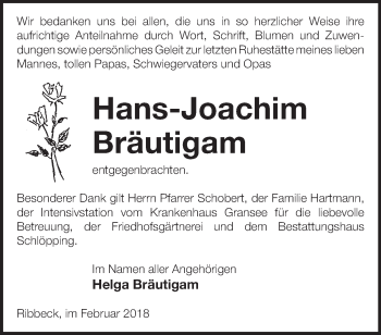 Traueranzeige von Hans-Joachim Bräutigam von Märkische Oderzeitung