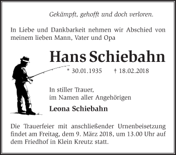 Traueranzeige von Hans Schiebahn von Märkische Oderzeitung