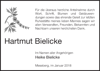 Traueranzeige von Hartmut Bielicke von Märkische Oderzeitung