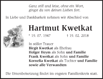 Traueranzeige von Hartmut Kwetkat von Märkische Oderzeitung