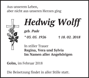 Traueranzeige von Hedwig Wolff von Märkische Oderzeitung