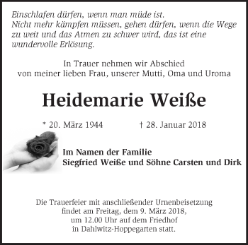 Traueranzeige von Heidemarie Weiße von Märkische Oderzeitung