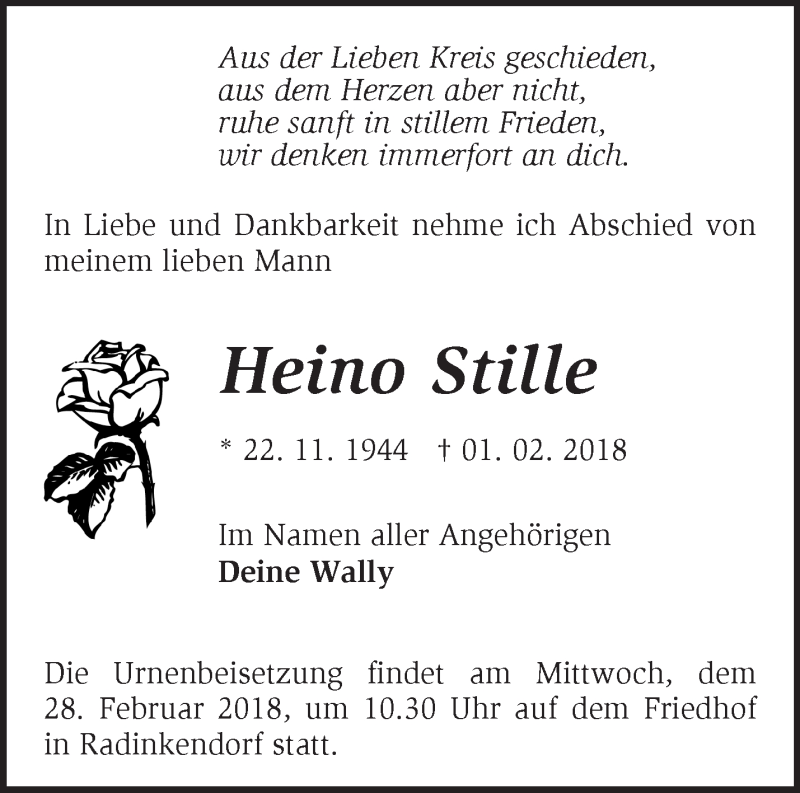  Traueranzeige für Heino Stille vom 10.02.2018 aus Märkische Oderzeitung