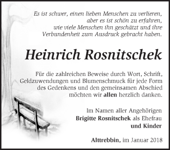 Traueranzeige von Heinrich Rosnitschek von Märkische Oderzeitung